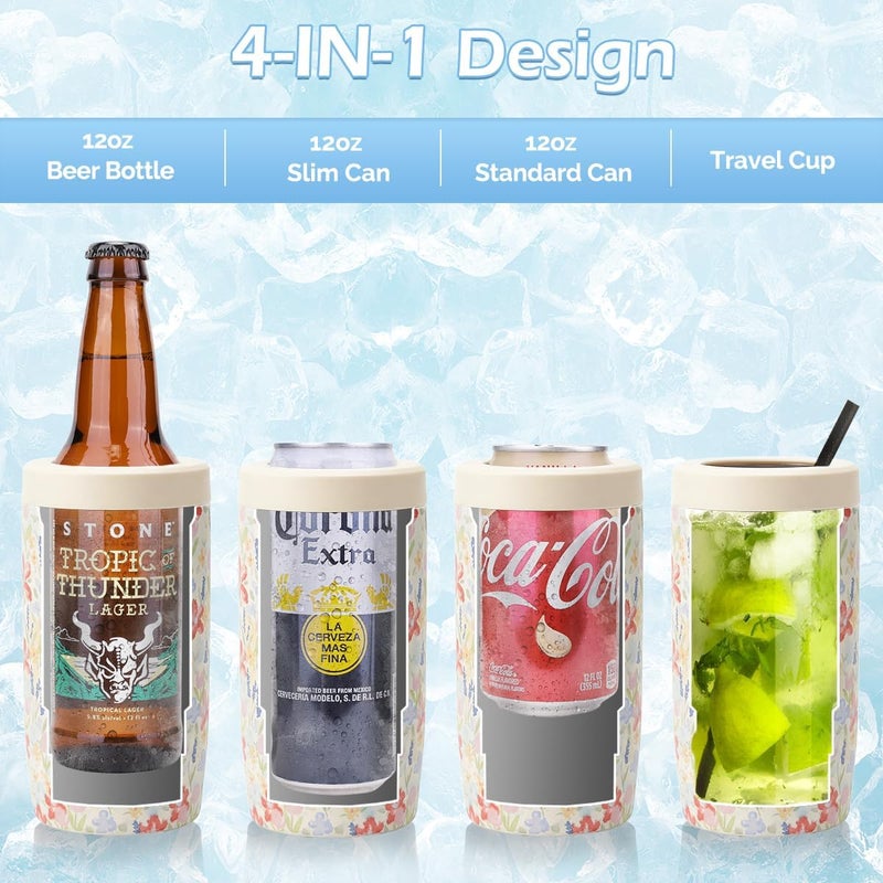 MoreFeel 4-in-1 Skinny Can Cooler Double Wall Stainless Steel Insulated Can Holder,Can Coozie, Works With 12 Oz Slim Can,Standard Cans,Beer Bottles & As Pint Cups (Floral Pink) - Image 2
